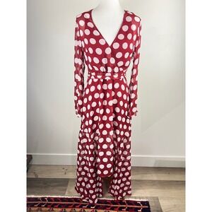 C/MEO COLLECTIVE Red Polka Dot Maxi Dress Long Sleeve V-Neck M/L Wedding Guest